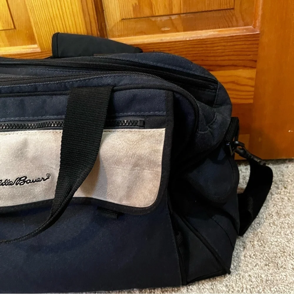 Eddie Bauer Black Canvas Leather Diaper Bag Changing Pad Overnight Travel Rugged